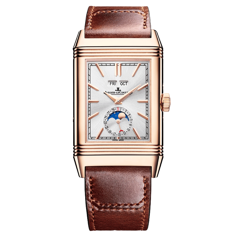 Montre Jaeger-LeCoultre Reverso Tribute Duoface Calendar Or Rose remontage manuel cadran gris bracelet cuir marron Q3912530