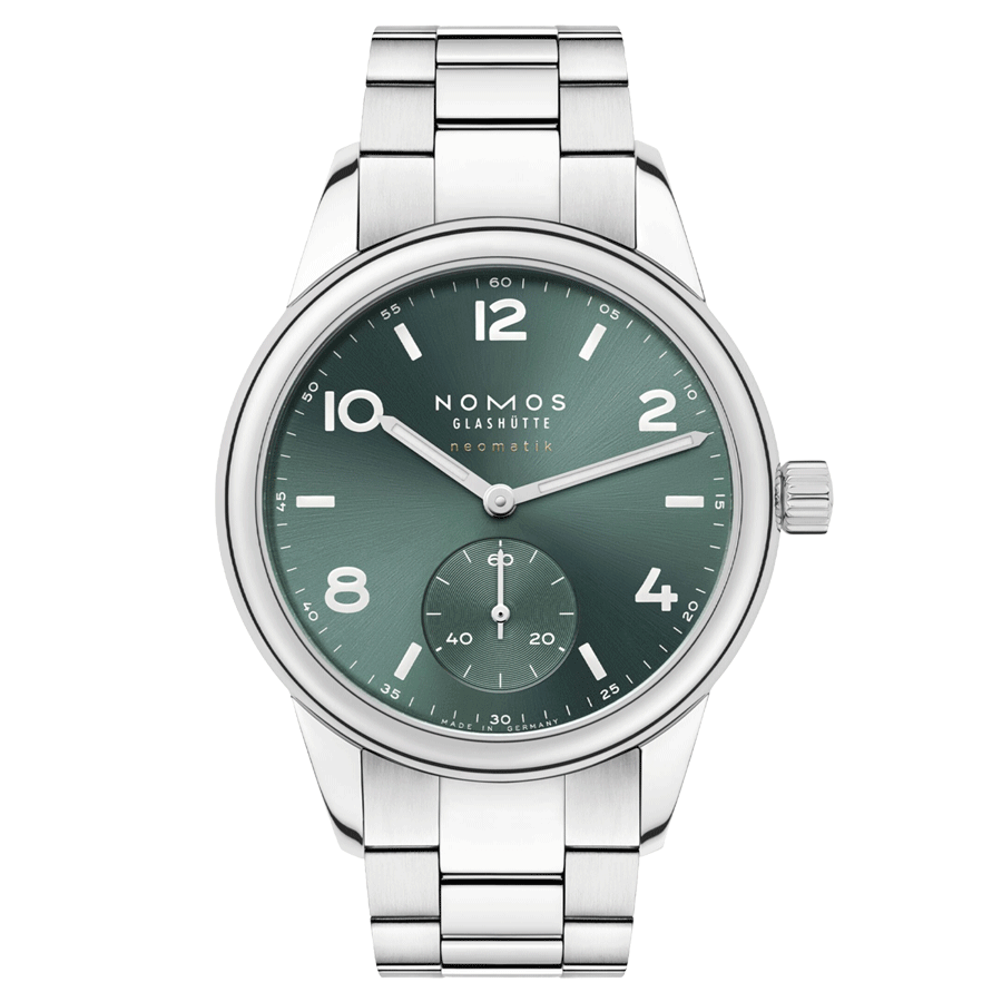 NOMOS Club Sport Neomatik Petrol automatic watch sapphire crystal back green dial petrol steel bracelet 37 mm