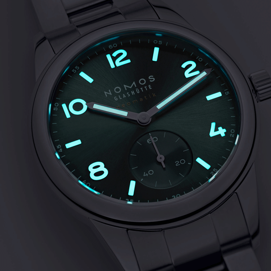 NOMOS Club Sport Neomatik Petrol automatic watch sapphire crystal back green dial petrol steel bracelet 37 mm