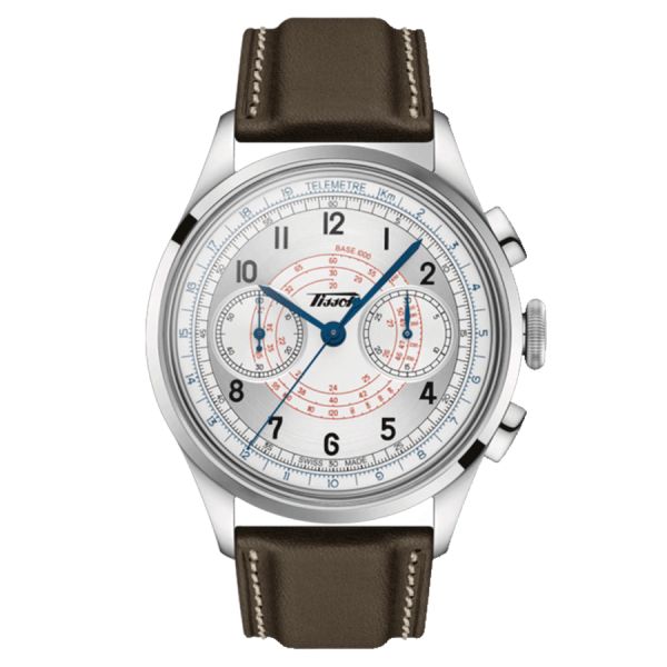 Montre Tissot Telemeter 1938 automatique cadran gris bracelet cuir marron 42 mm T142.462.16.032.00