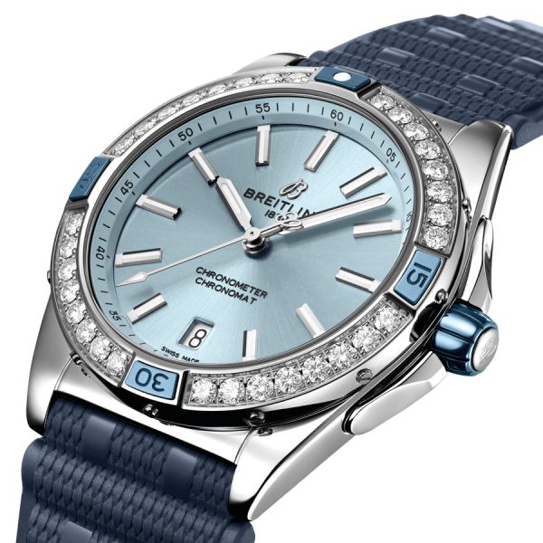 Breitling Super Chronomat automatic watch bezel set with blue dial blue rubber strap 38 mm