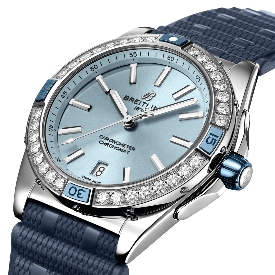Breitling Super Chronomat automatic watch bezel set with blue dial blue rubber strap 38 mm