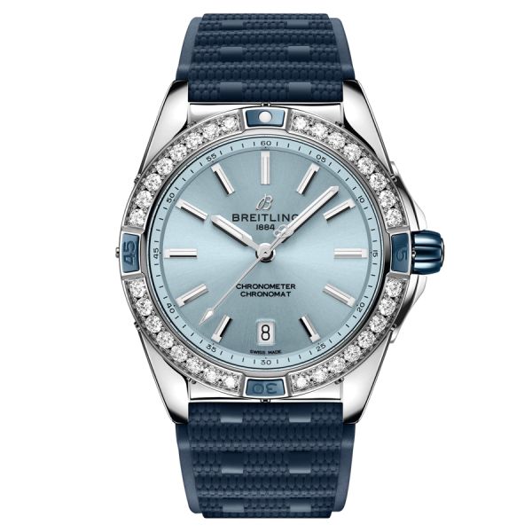 Breitling Super Chronomat automatic watch bezel set with blue dial blue rubber strap 38 mm