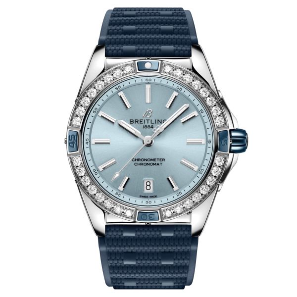 Montre Breitling Super Chronomat automatique lunette sertie cadran bleu bracelet caoutchouc bleu 38 mm A17356531C1S1