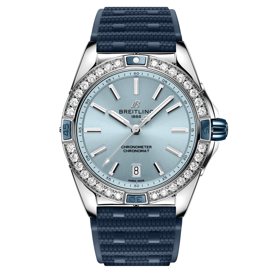 Breitling Super Chronomat automatic watch bezel set with blue dial blue rubber strap 38 mm