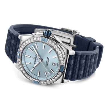 Breitling Super Chronomat automatic watch bezel set with blue dial blue rubber strap 38 mm