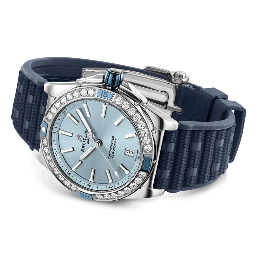 Breitling Super Chronomat automatic watch bezel set with blue dial blue rubber strap 38 mm