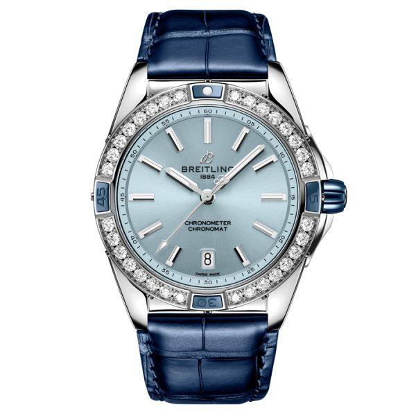 Montre Breitling Super Chronomat automatique lunette sertie cadran bleu bracelet cuir bleu 38 mm A17356531C1P1