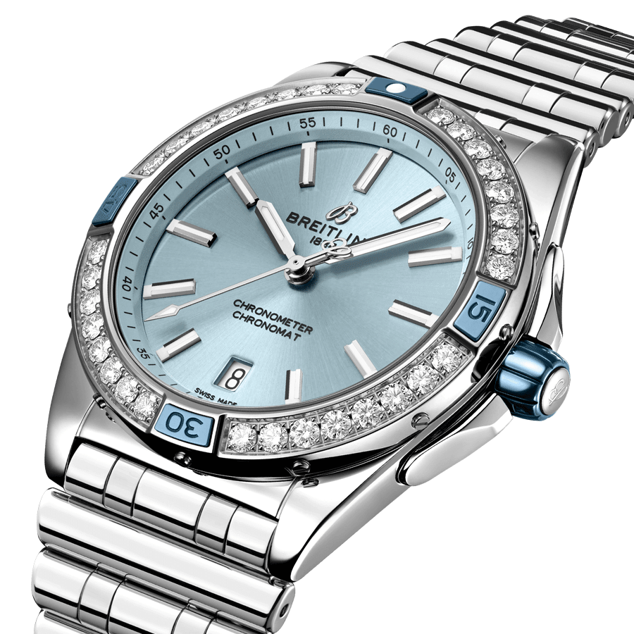 Breitling Super Chronomat automatic watch blue dial set bezel steel bracelet 38 mm