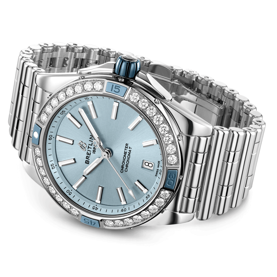 Breitling Super Chronomat automatic watch blue dial set bezel steel bracelet 38 mm