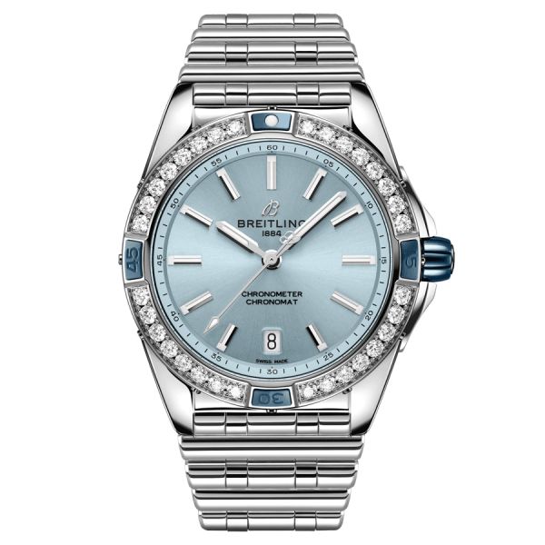 Breitling Super Chronomat automatic watch blue dial set bezel steel bracelet 38 mm