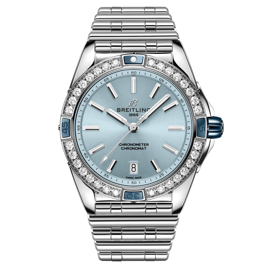 Breitling Super Chronomat automatic watch blue dial set bezel steel bracelet 38 mm