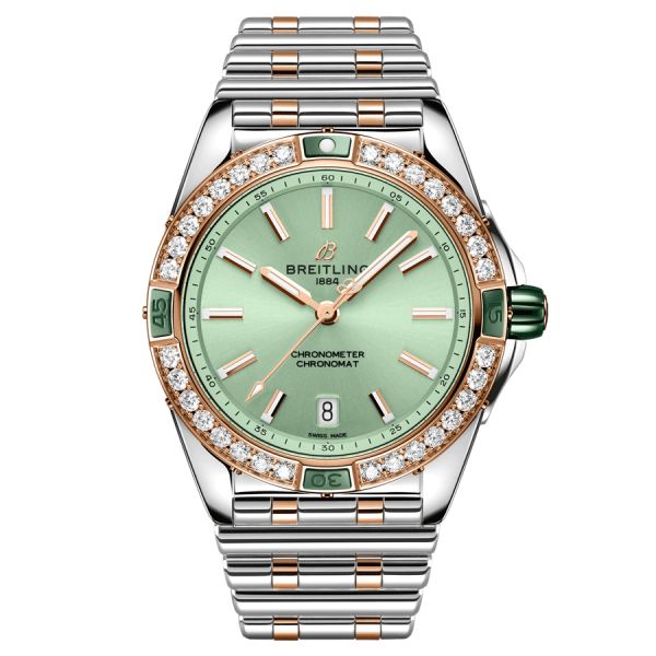 Breitling Super Chronomat automatic watch bezel set with green dial steel bracelet and pink gold 38 mm