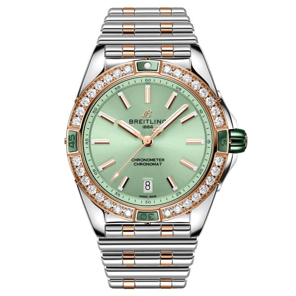 Montre Breitling Super Chronomat automatique lunette sertie cadran vert bracelet acier et or rose 38 mm U17356531L1U1