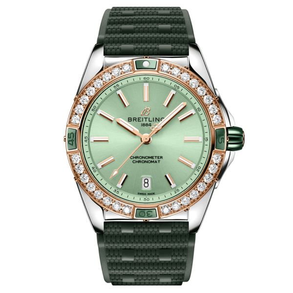 Breitling Super Chronomat automatic watch bezel set with green dial green rubber strap 38 mm