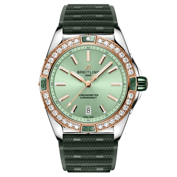 Montre Breitling Super Chronomat automatique lunette sertie cadran vert bracelet caoutchouc vert 38 mm U17356531L1S1