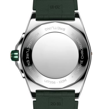 Montre Breitling Super Chronomat automatique lunette sertie cadran vert bracelet caoutchouc vert 38 mm U17356531L1S1