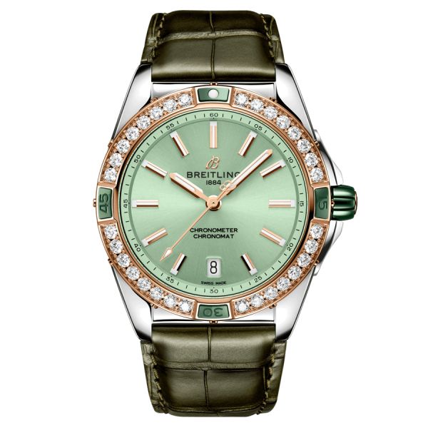 Breitling Super Chronomat automatic watch green dial green leather strap 38 mm