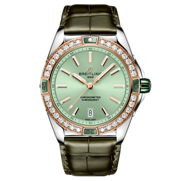 Montre Breitling Super Chronomat automatique lunette sertie cadran vert bracelet cuir vert 38 mm U17356531L1P1