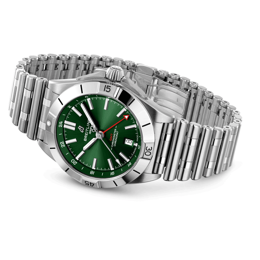 Breitling Chronomat GMT automatic watch green dial steel bracelet 40 mm A32398101L1A1