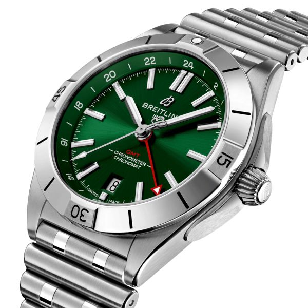 Breitling Chronomat GMT automatic watch green dial steel bracelet 40 mm A32398101L1A1