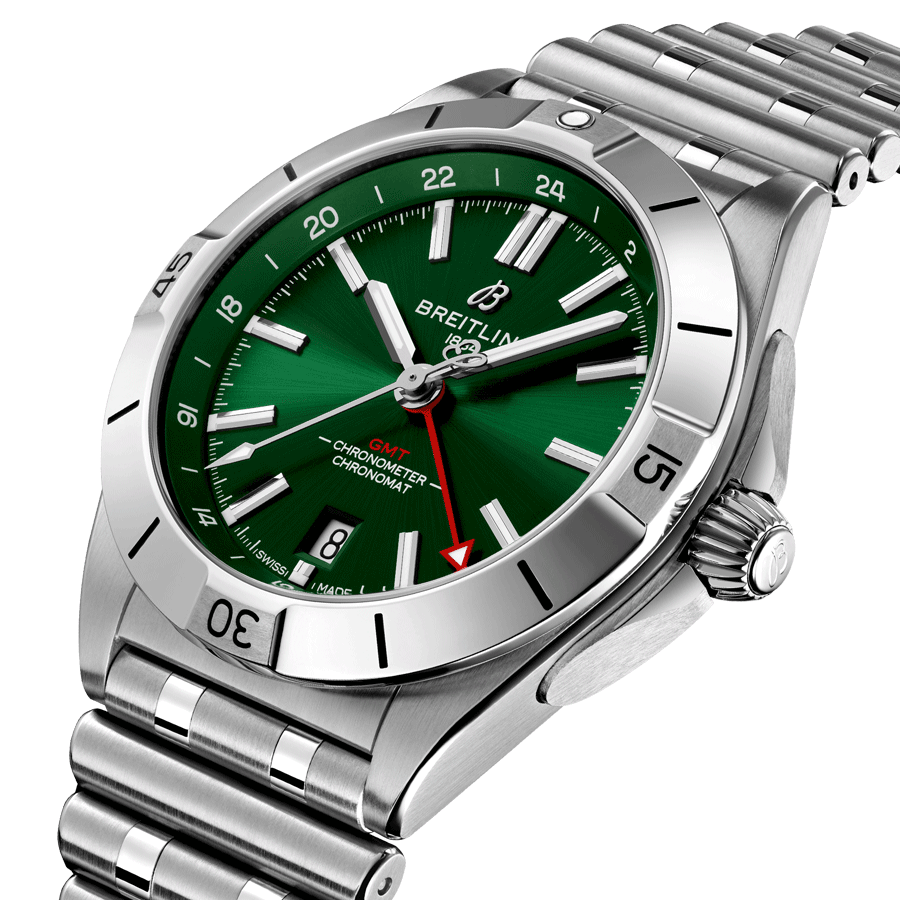 Breitling Chronomat GMT automatic watch green dial steel bracelet 40 mm A32398101L1A1