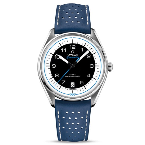 Montre Omega Seamaster Jeux Olympiques cadran blanc bracelet cuir bleu Edition limitée 2032 ex. 39,5 mm - SOLDAT PL
