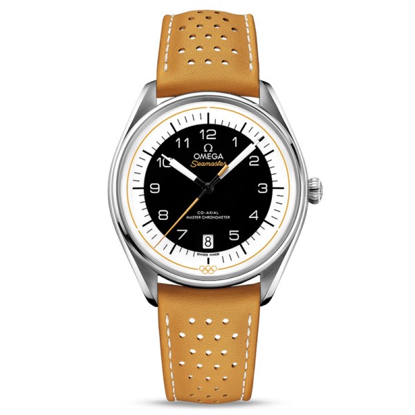 Montre Omega Seamaster Jeux Olympiques cadran blanc bracelet cuir jaune Edition limitée 2032 ex. 39,5 mm