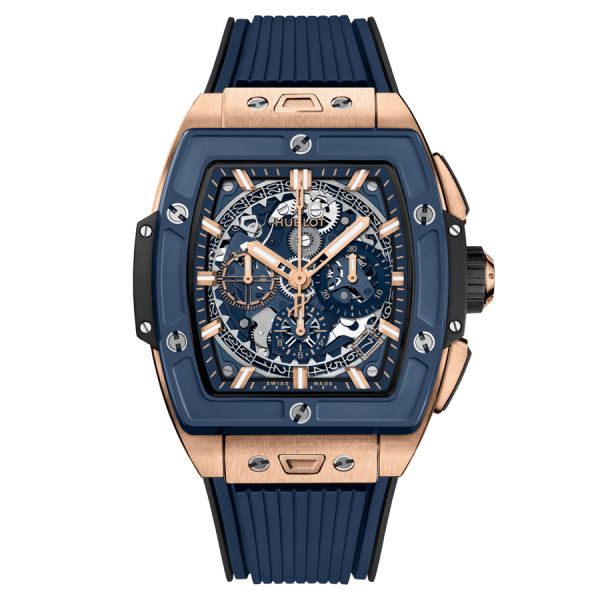 Montre Hublot Spirit of Big Bang King Gold Blue Ceramic automatique cadran squelette bracelet caoutchouc bleu 42 mm