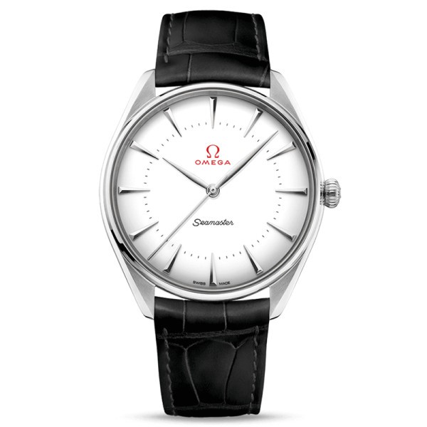 Montre Omega Seamaster Jeux Olympiques or blanc cadran blanc bracelet cuir noir 39,5 mm