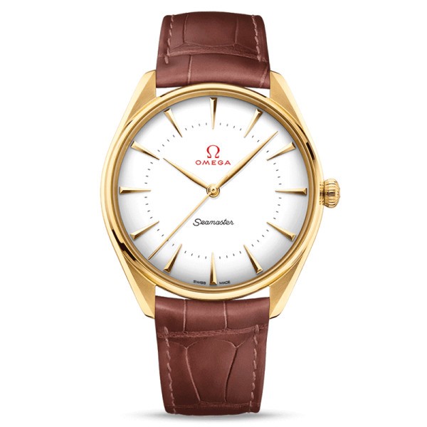 Montre Omega Seamaster Jeux Olympiques or cadran blanc bracelet cuir brun 39,5 mm
