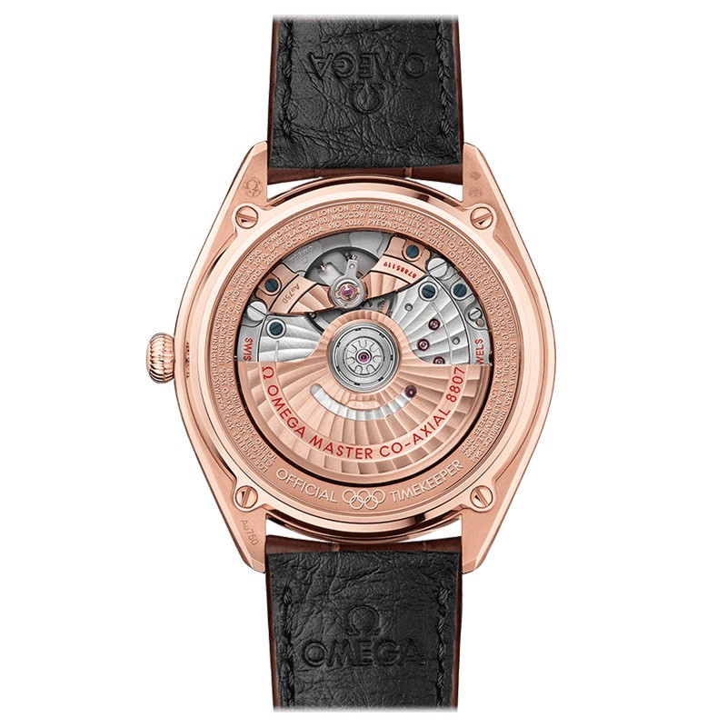 Montre Omega Seamaster Jeux Olympiques or rouge cadran blanc bracelet cuir brun 39,5 mm