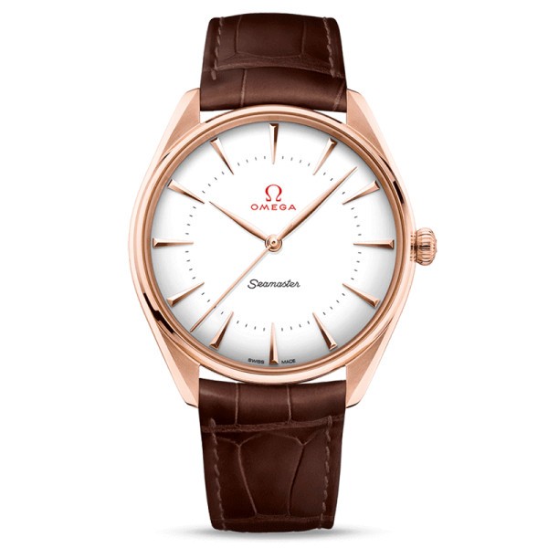 Montre Omega Seamaster Jeux Olympiques or rouge cadran blanc bracelet cuir brun 39,5 mm