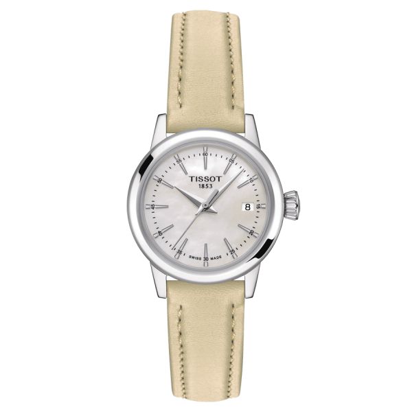 Tissot Classic Dream Lady quartz watch white mother of pearl dial beige leather strap 28 mm
