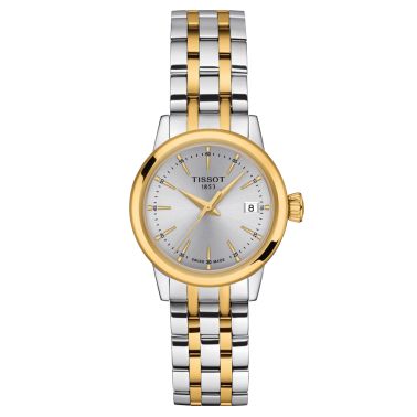 Tissot Classic Dream Lady watch yellow gold coloured quartz bezel silver dial steel bracelet 28 mm