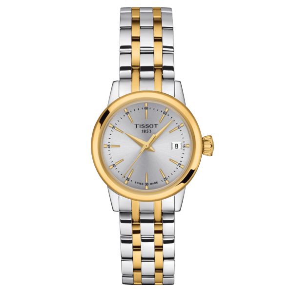 Montre Tissot Classic Dream Lady quartz lunette couleur or jaune cadran argent bracelet acier 28 mm T129.210.22.031.00