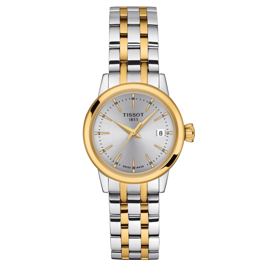 Montre Tissot Classic Dream Lady quartz lunette couleur or jaune cadran argent bracelet acier 28 mm T129.210.22.031.00