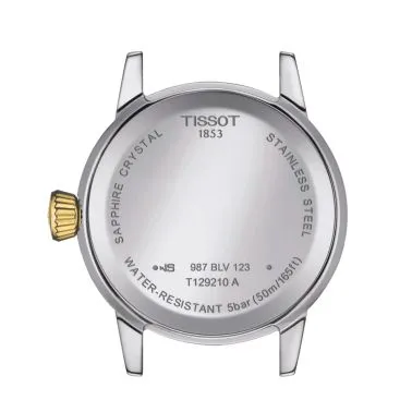 Montre Tissot Classic Dream Lady quartz lunette couleur or jaune cadran argent bracelet acier 28 mm T129.210.22.031.00