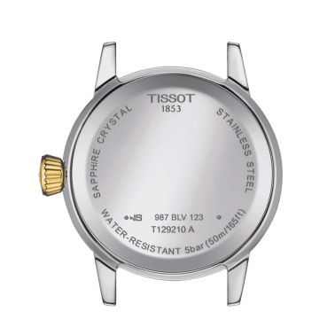 Tissot Classic Dream Lady watch yellow gold coloured quartz bezel silver dial steel bracelet 28 mm