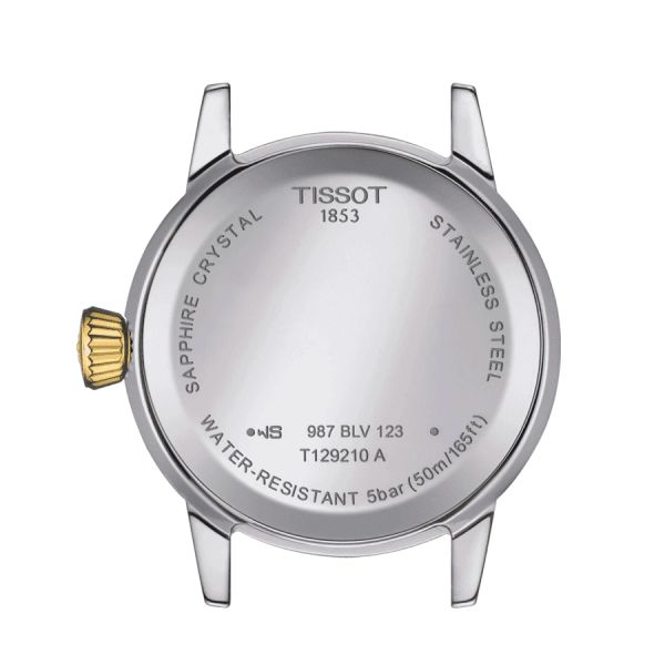 Montre Tissot Classic Dream Lady quartz lunette couleur or jaune cadran argent bracelet acier 28 mm T129.210.22.031.00