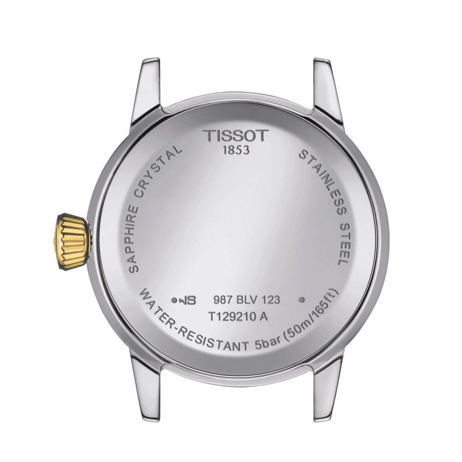 Montre Tissot Classic Dream Lady quartz lunette couleur or jaune cadran argent bracelet acier 28 mm T129.210.22.031.00