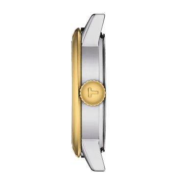 Montre Tissot Classic Dream Lady quartz lunette couleur or jaune cadran argent bracelet acier 28 mm T129.210.22.031.00