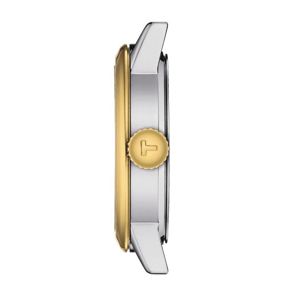 Montre Tissot Classic Dream Lady quartz lunette couleur or jaune cadran argent bracelet acier 28 mm T129.210.22.031.00