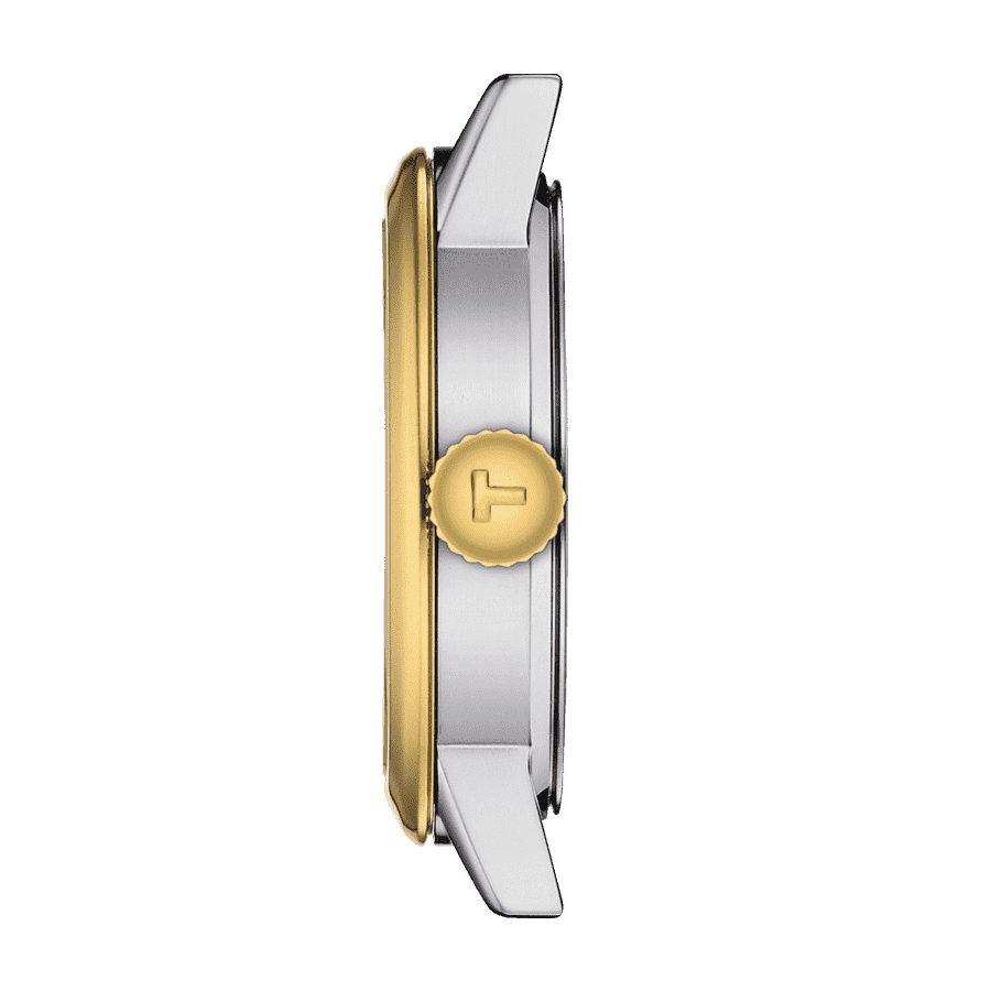 Montre Tissot Classic Dream Lady quartz lunette couleur or jaune cadran argent bracelet acier 28 mm T129.210.22.031.00