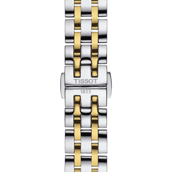 Montre Tissot Classic Dream Lady quartz lunette couleur or jaune cadran argent bracelet acier 28 mm T129.210.22.031.00