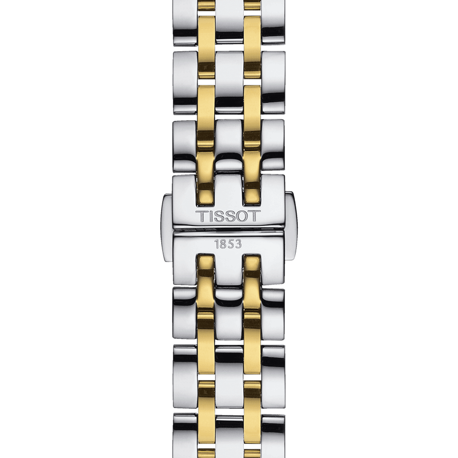 Montre Tissot Classic Dream Lady quartz lunette couleur or jaune cadran argent bracelet acier 28 mm T129.210.22.031.00