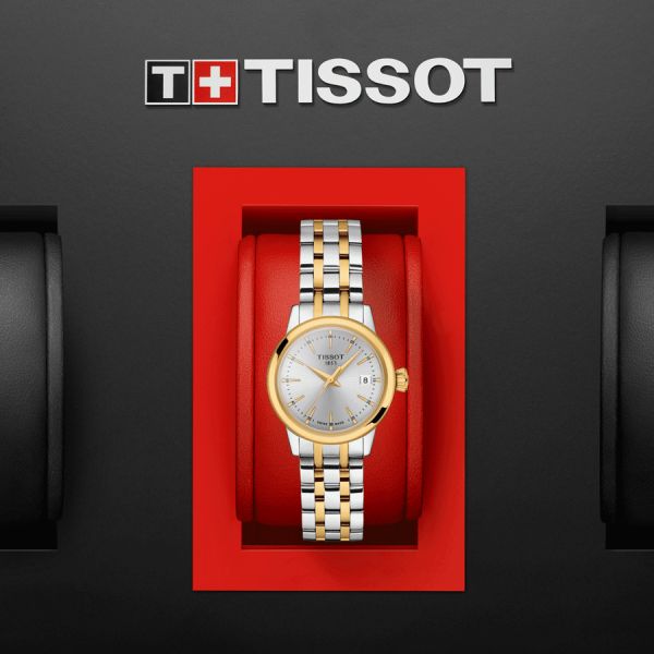 Tissot Classic Dream Lady watch yellow gold coloured quartz bezel silver dial steel bracelet 28 mm