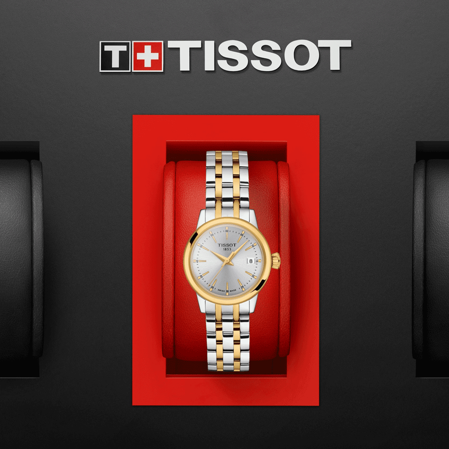 Montre Tissot Classic Dream Lady quartz lunette couleur or jaune cadran argent bracelet acier 28 mm T129.210.22.031.00