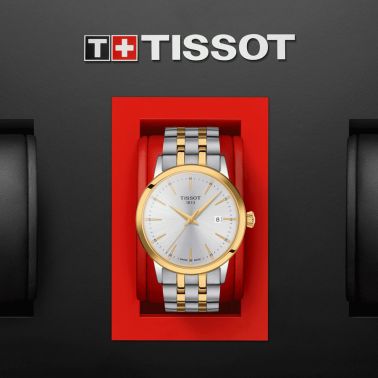 Montre Tissot Classic Dream quartz couleur or jaune cadran argent bracelet acier 42 mm T129.410.22.031.00