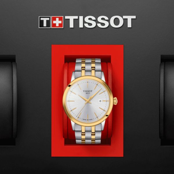 Montre Tissot Classic Dream quartz couleur or jaune cadran argent bracelet acier 42 mm T129.410.22.031.00